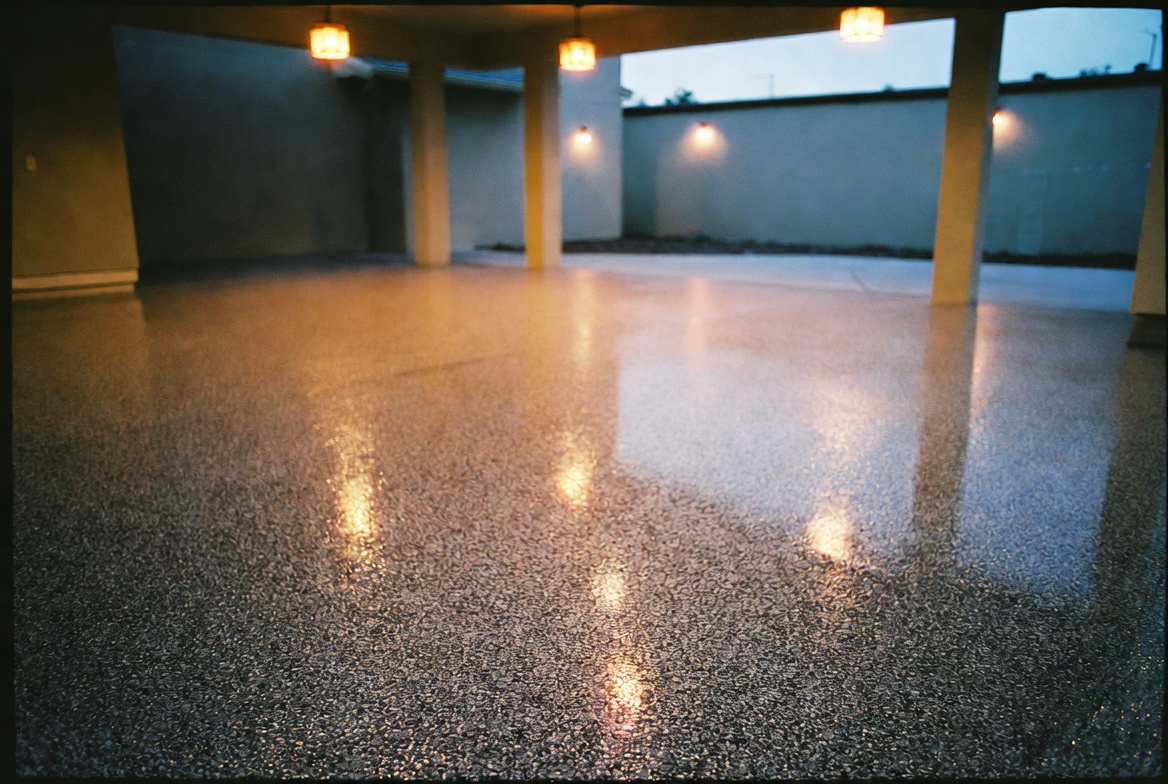 Open carport at dusk with a glossy granite-flake epoxy floor catching warm pendant light
